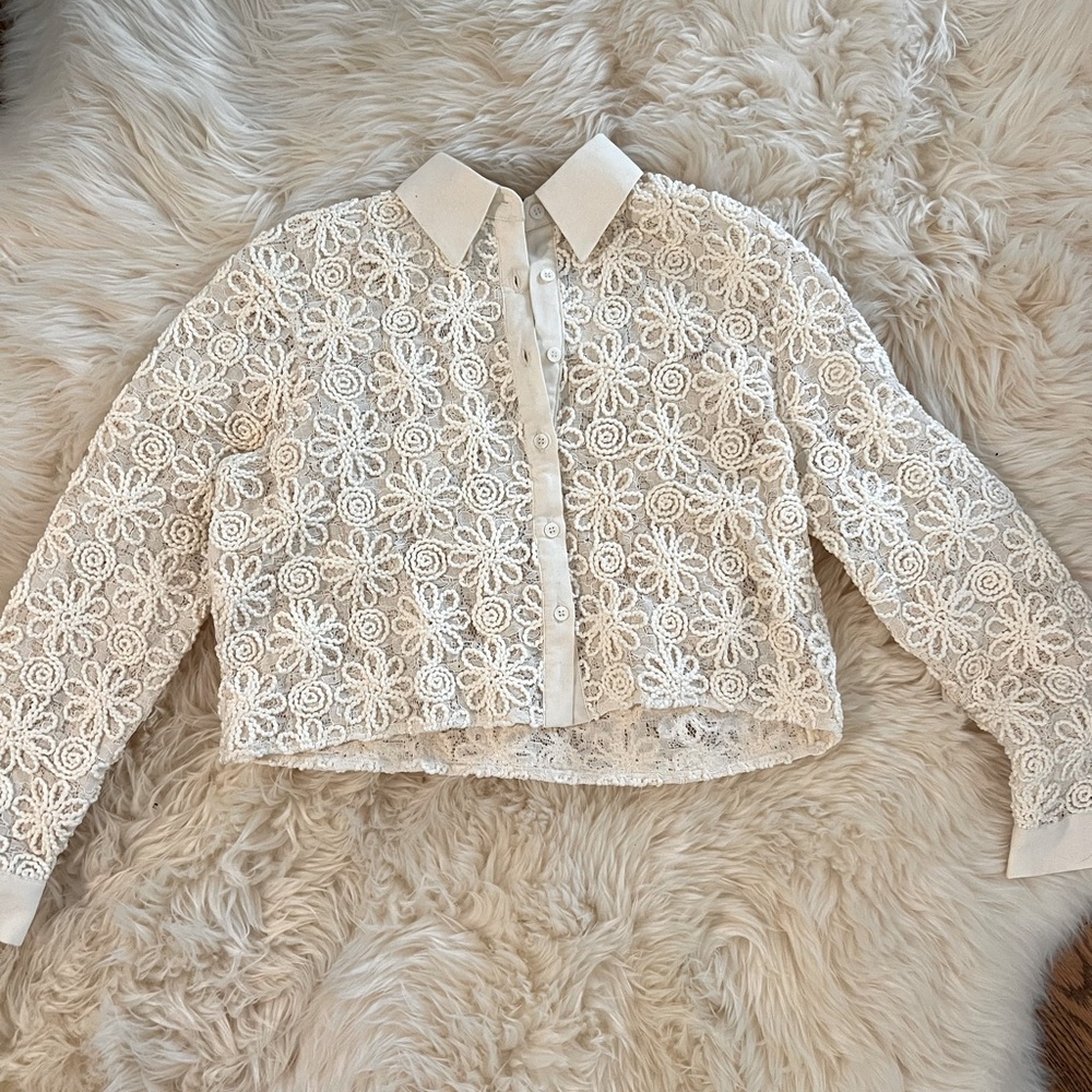 Zara Cream Floral Lace Button-Down Blouse
